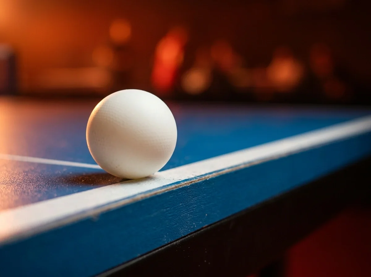Tischtennisball auf dem Tisch mit Quotenanzeige im Hintergrund