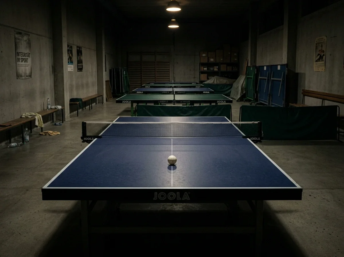 Leere Tischtennishalle bei gedämpftem Licht mit einem einzelnen Ball auf der Platte
