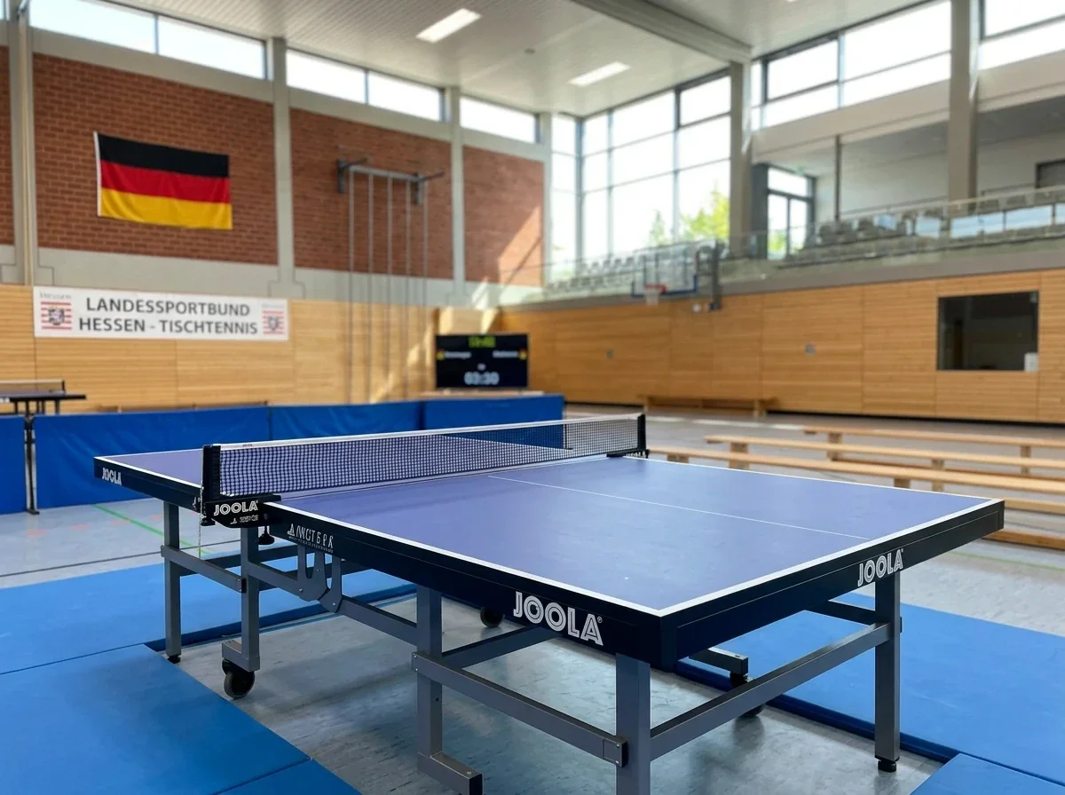 Tischtennistisch in einer Sporthalle mit deutscher Flagge an der Wand im Hintergrund