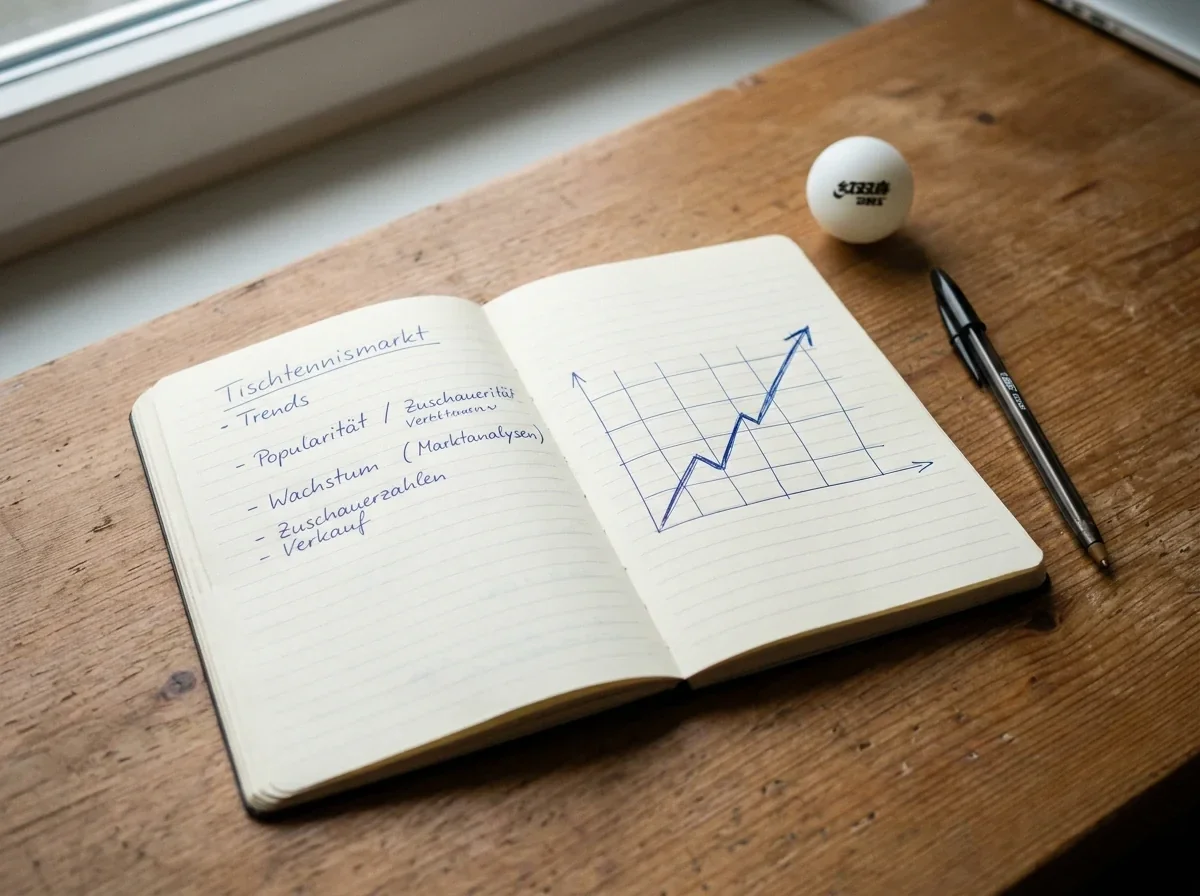 Aufgeschlagenes Notizbuch mit einer handgezeichneten, aufsteigenden Trendlinie ohne Zahlen